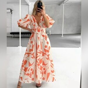 Billy J Puff Sleeve Orange and Beige Geometric Print Full Length Dress Size 6
